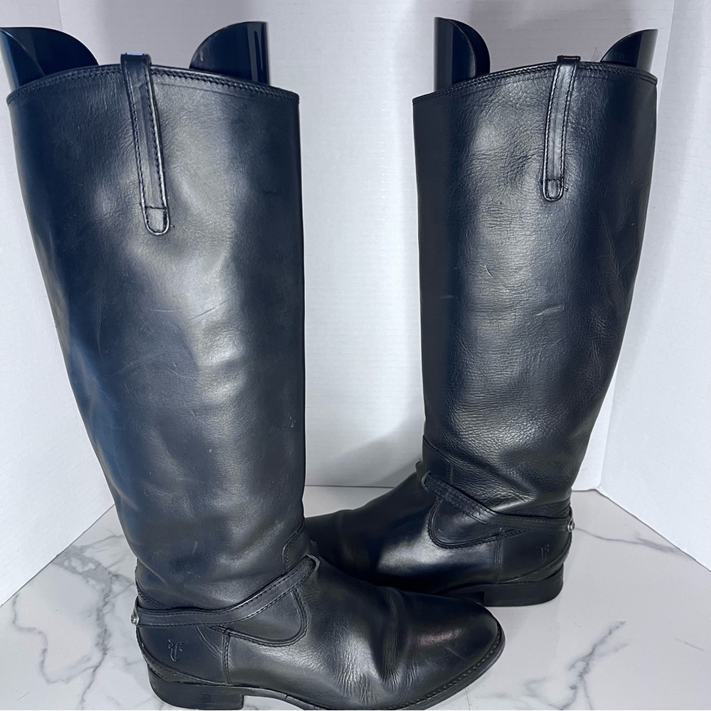 Frye Lindsay Plate Tall Boots Black Leather Size 7 Classic Moto Equestrian - Picture 7 of 10